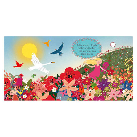 Girl in a pink dress runs through a colorful summer flower field under a bright sun with birds flying above.