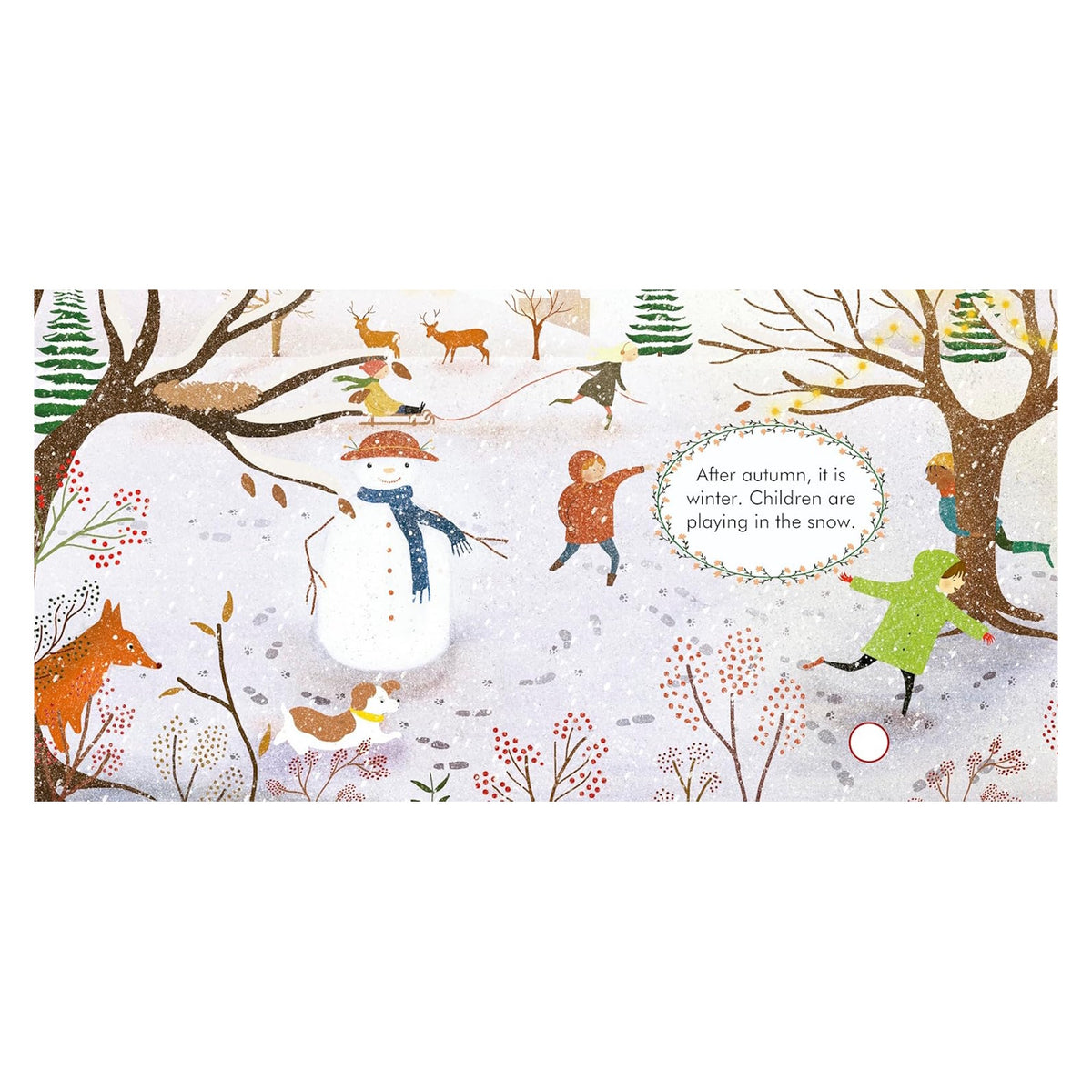Children playing in the snow next to a snowman in a winter landscape illustration from a children's book.