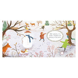 Children playing in the snow next to a snowman in a winter landscape illustration from a children's book.