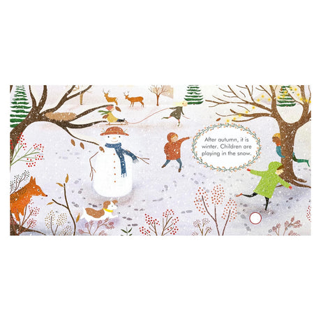 Children playing in the snow next to a snowman in a winter landscape illustration from a children's book.
