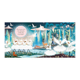 Dancers in white tutus twirl under moonlight, surrounded by swans, trees, and glowing lights. Deer and fox watch, creating a magical scene.