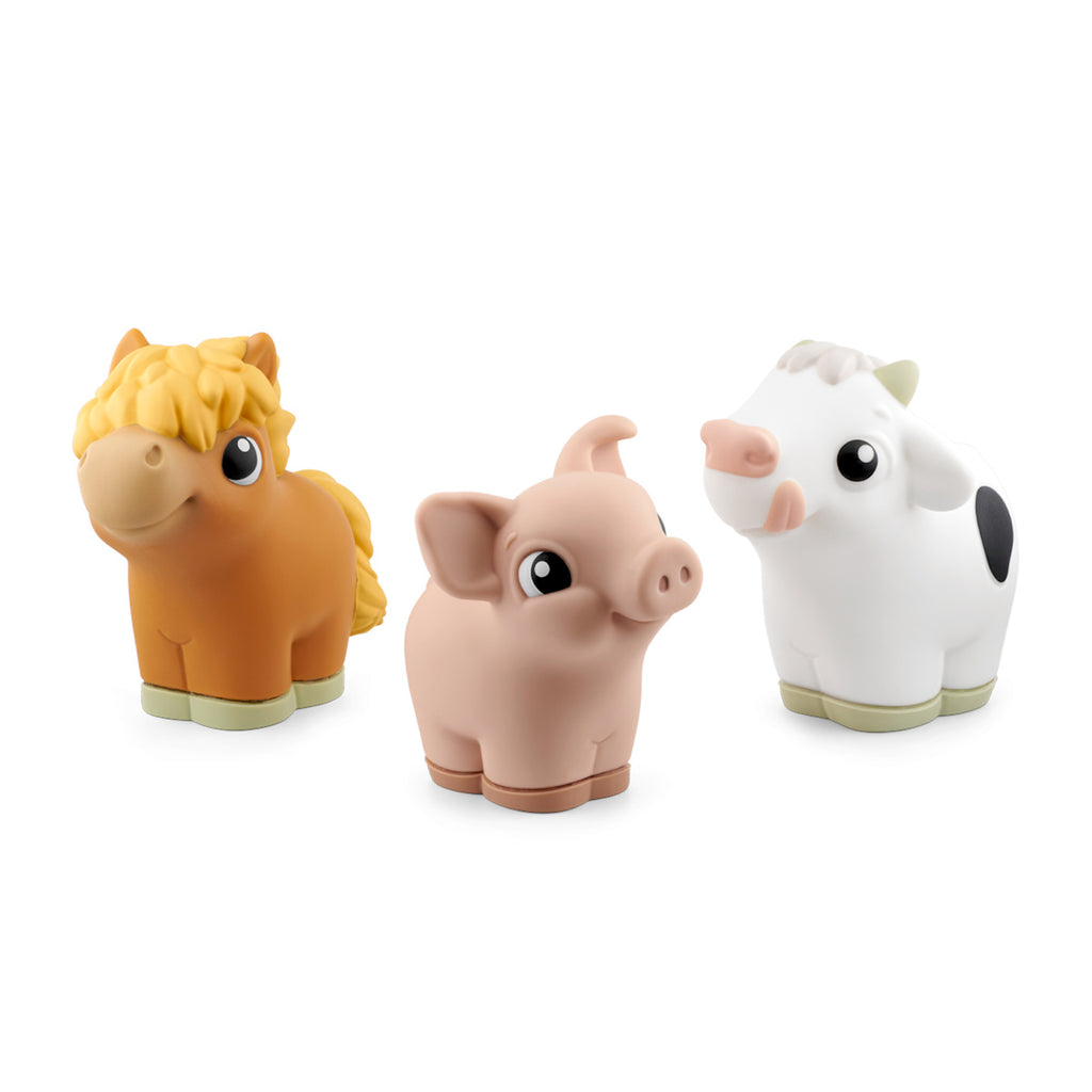 Three cute toy animals, a brown horse, a pink pig, and a white cow with black spots, are smiling. They convey a playful and cheerful tone.