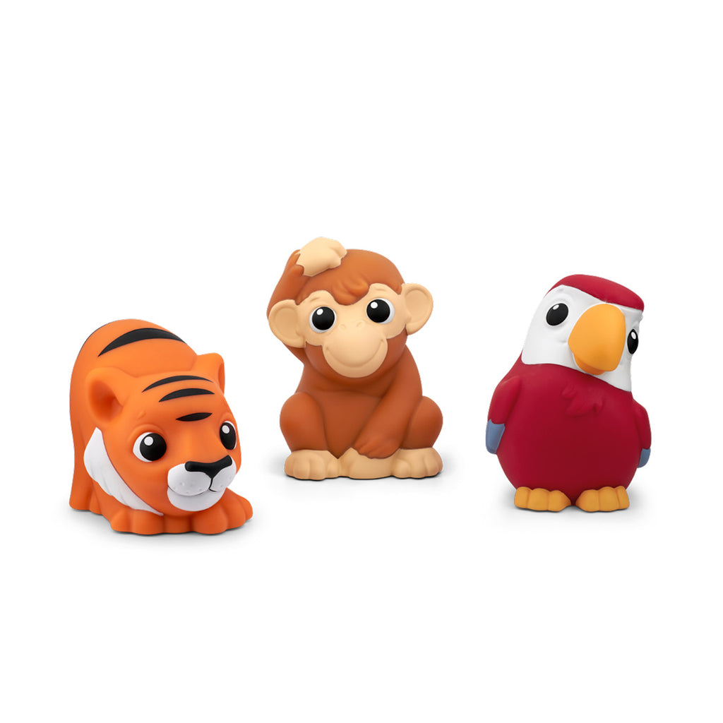 Three cute animal toys on a white background, an orange tiger, a brown monkey, and a red parrot. Each has exaggerated features and a friendly appearance.