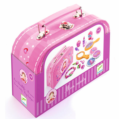 Djeco Mon Vanity pink children's toy makeup case and beauty accessories set for ages 4 and up.