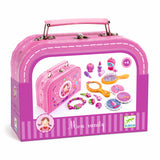 Djeco Mon Vanity kids' pink beauty play set with toy makeup, hair accessories, and wooden jewelry kit.