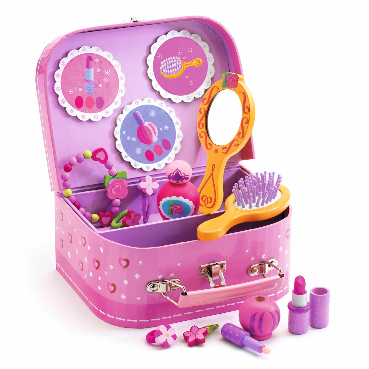 Open pink toy vanity case with wooden makeup, brush, mirror, and jewelry for kids pretend play.