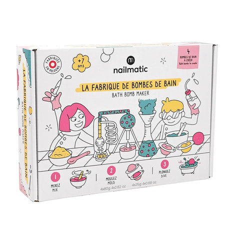 Nailmatic Bath Bomb Maker box featuring colorful lab illustrations on a white background.