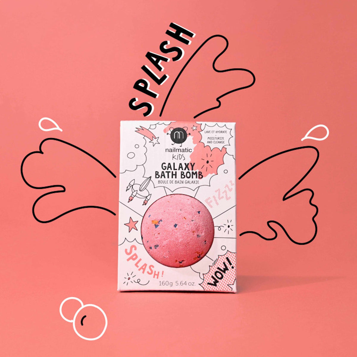 Colorful image of a pink kids' Galaxy Bath Bomb box against a matching background with comic-style splashes and playful text like "SPLASH" and "WOW!"