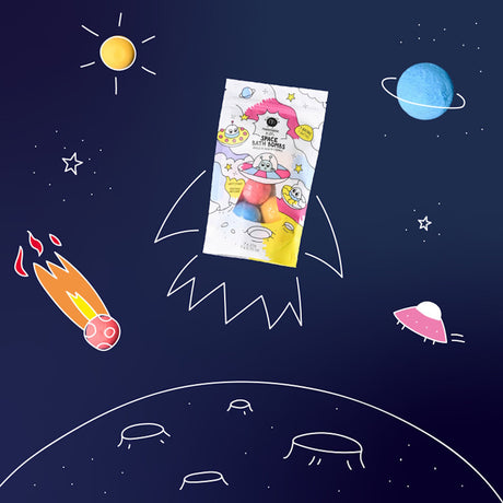 Colorful "Space Bath Bombs" package on a whimsical outer space-themed background, featuring stars, planets, a comet, and a UFO, conveying a playful and adventurous tone.