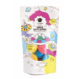 Colorful packaging of Nailmatic Kids Space Bath Bombs featuring whimsical UFOs and planets. Bright colors and playful design evoke a fun, adventurous tone.