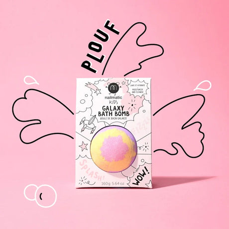 Nailmatic Kids Galaxy Bath Bomb box on pink background with drawn splash graphics and "PLOUF".