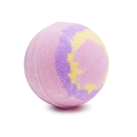 Round pink, purple, and yellow swirled bath bomb on a plain white background.
