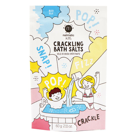 Colorful packaging of Nailmatic Kids Crackling Bath Salts shows joyful children in bath, surrounded by words like "POP!", "SNAP!", "FIZZ!".