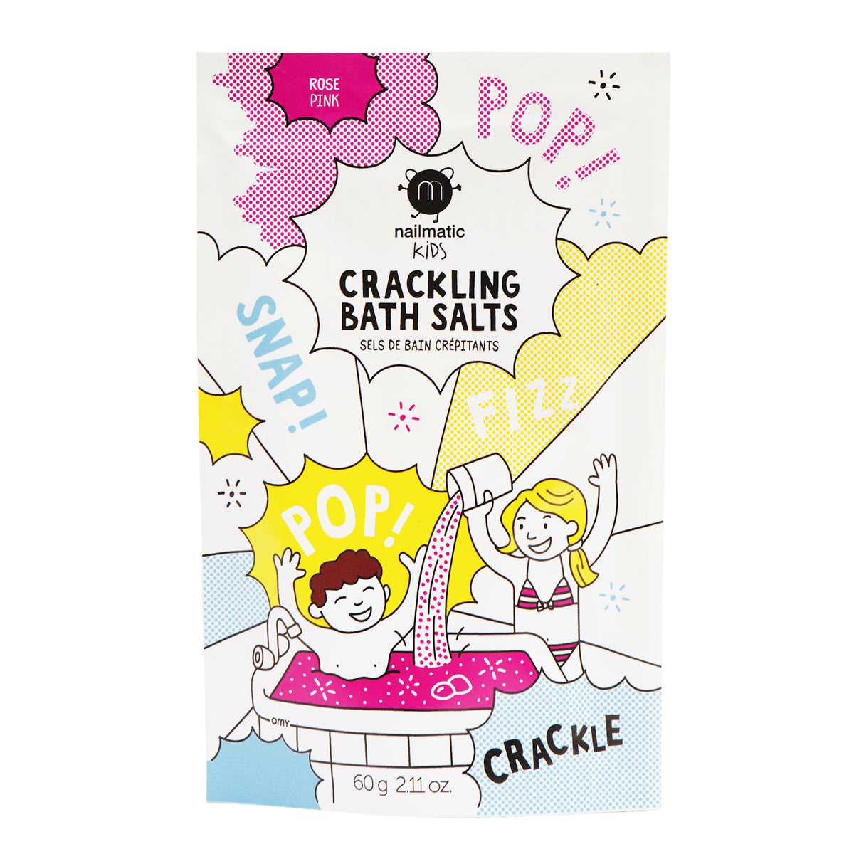 Colorful packaging of nailmatic Kids Crackling Bath Salts, featuring playful cartoon kids in a bath with words like "Pop!" and "Fizz" in bright bubbles.