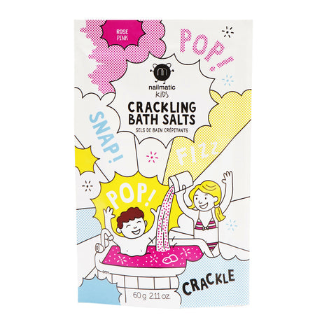 Colorful packaging of nailmatic Kids Crackling Bath Salts, featuring playful cartoon kids in a bath with words like "Pop!" and "Fizz" in bright bubbles.
