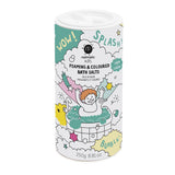 Colorful bath salts container with playful illustrations of a child in a bubbly bath. Text includes "Foaming & Coloured Bath Salts" and colorful words "WOW!" and "SPLASH!"