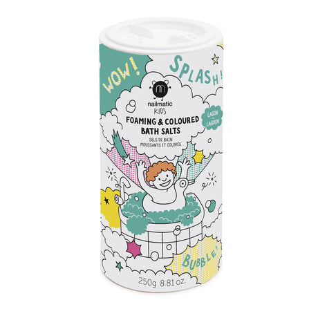 Colorful bath salts container with playful illustrations of a child in a bubbly bath. Text includes "Foaming & Coloured Bath Salts" and colorful words "WOW!" and "SPLASH!"