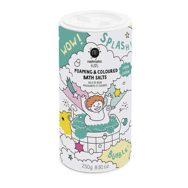 Colorful bath salts container with playful illustrations of a child in a bubbly bath. Text includes "Foaming & Coloured Bath Salts" and colorful words "WOW!" and "SPLASH!"