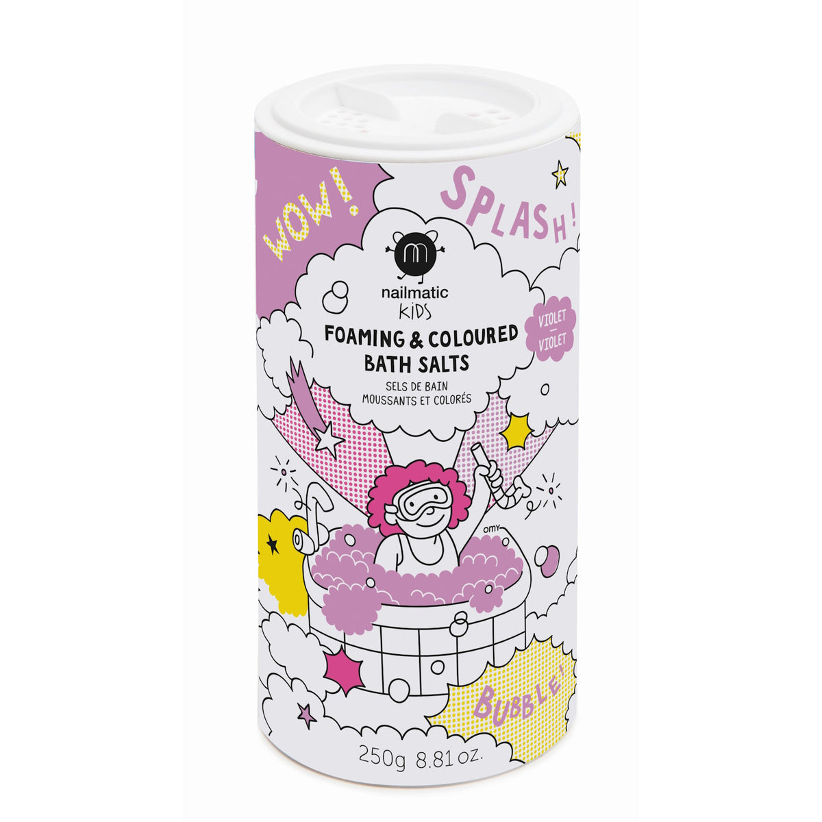 Colorful packaging for Nailmatic Kids Foaming & Coloured Bath Salts. Features playful cartoon of a child in a bathtub with bubbles, stars, and clouds.