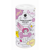 Colorful packaging for Nailmatic Kids Foaming & Coloured Bath Salts. Features playful cartoon of a child in a bathtub with bubbles, stars, and clouds.