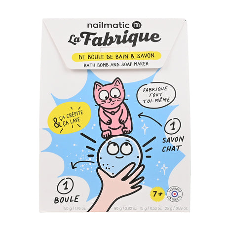 Cartoon box design for a bath bomb and soap maker. Features a pink cat and a smiling bath bomb, with playful text and vibrant blue and yellow accents. France-made, suitable for ages 7+.