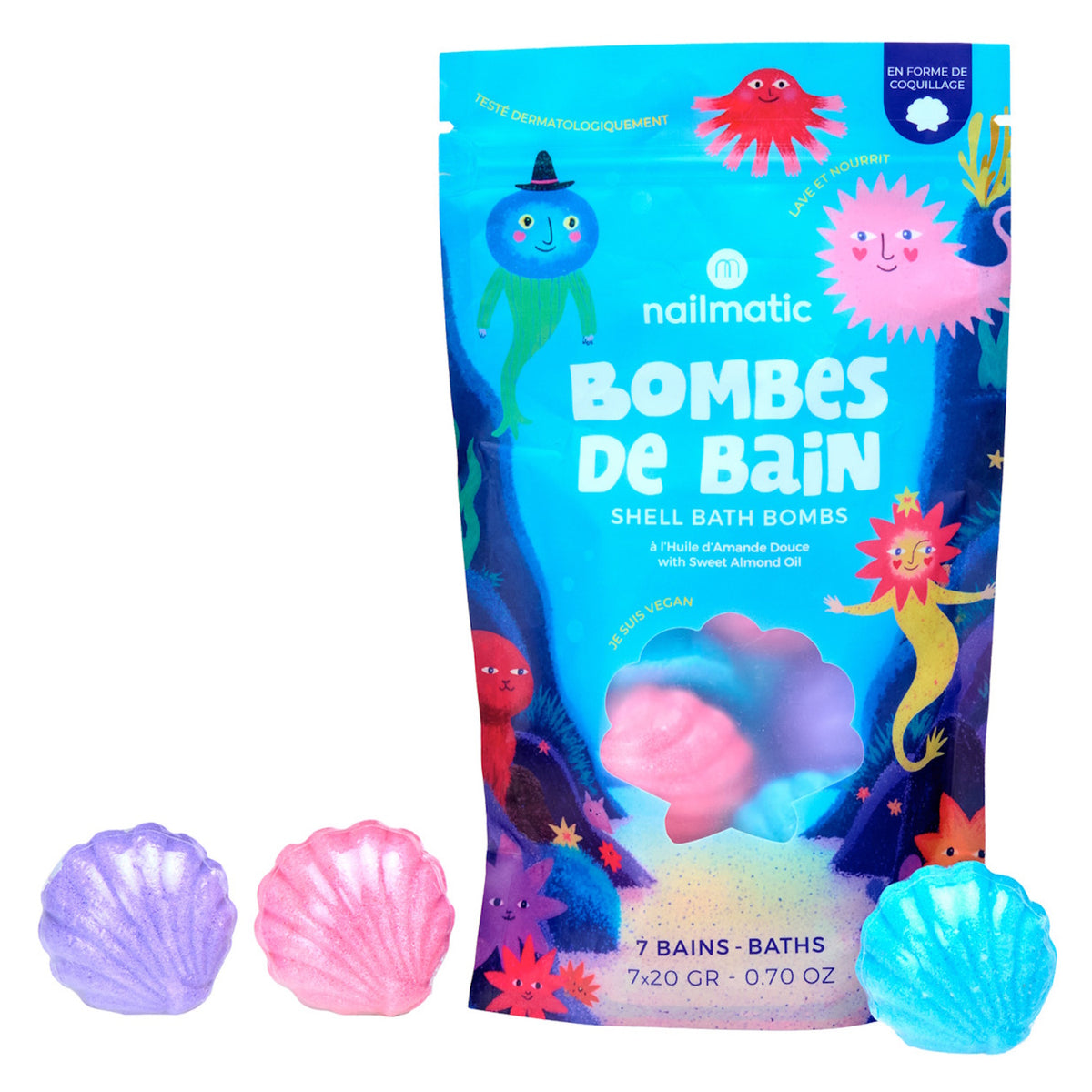 Colorful bag of shell-shaped bath bombs with vibrant ocean-themed illustrations and three bath bombs below in purple, pink, and blue. Fun and playful.