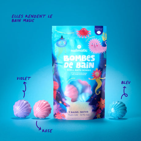 Brightly colored bath bomb packaging against a blue backdrop, showcasing pink, purple, and blue shell-shaped bath bombs. Cheerful and playful tone.
