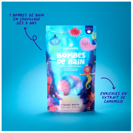 Colorful packaging for nailmatic "Bombes de Bain," featuring cute sea creatures on a blue background. Emphasizes joy and relaxation.