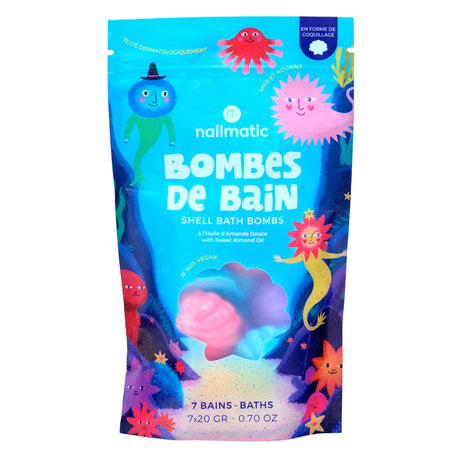 Colorful package of Nailmatic Shell Bath Bombs featuring playful sea creatures in bright hues. Text highlights vegan ingredients and sweet almond oil.