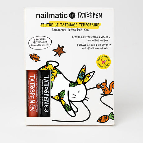 Package of Nailmatic temporary tattoo pens with charming illustrations of a whimsical animal, leaves, and a squirrel; includes reusable stencils.