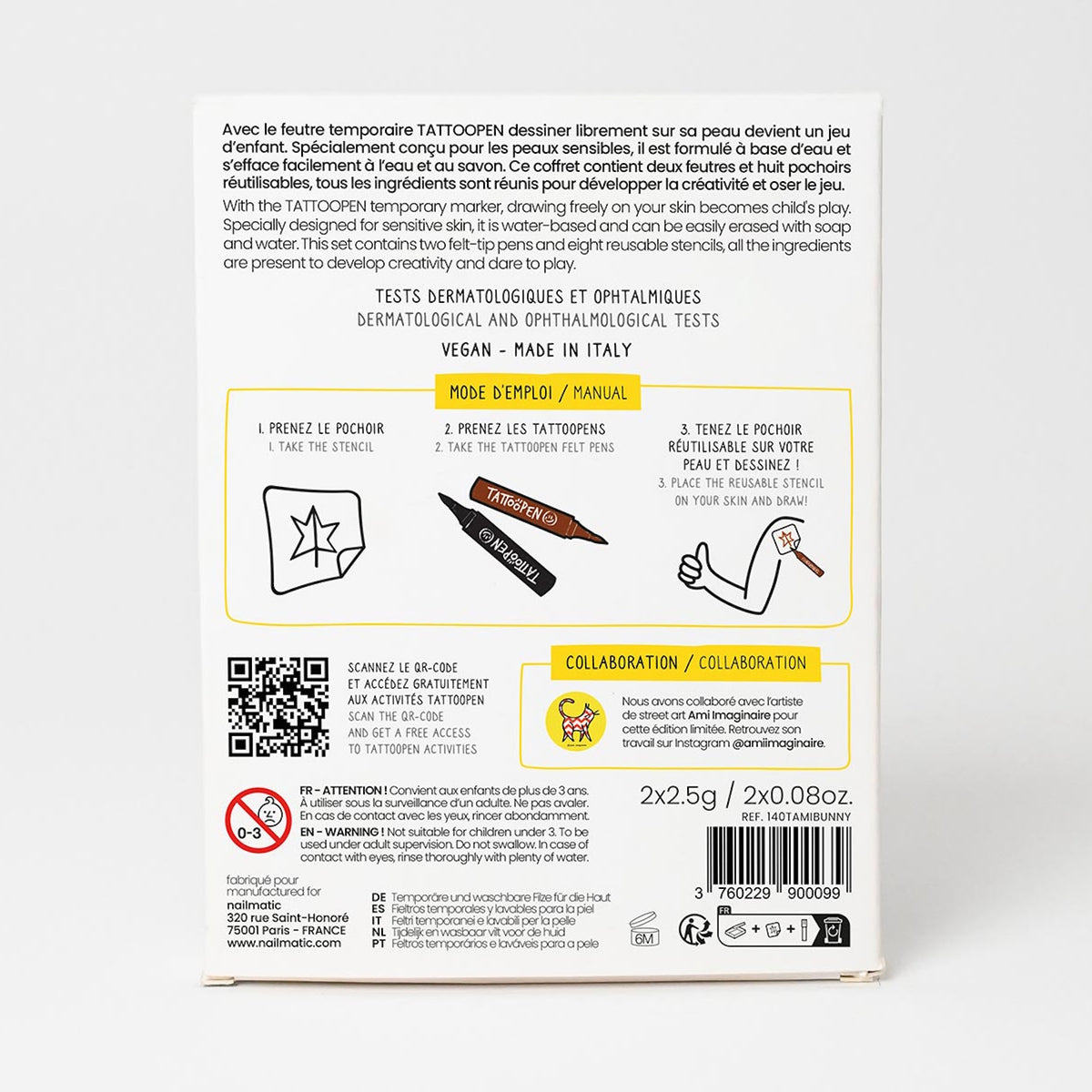 Box showing instructions for using temporary tattoo pens. Includes illustrations of pen use and stencil application. Text in English and French. Emphasizes vegan and dermatologically tested products.