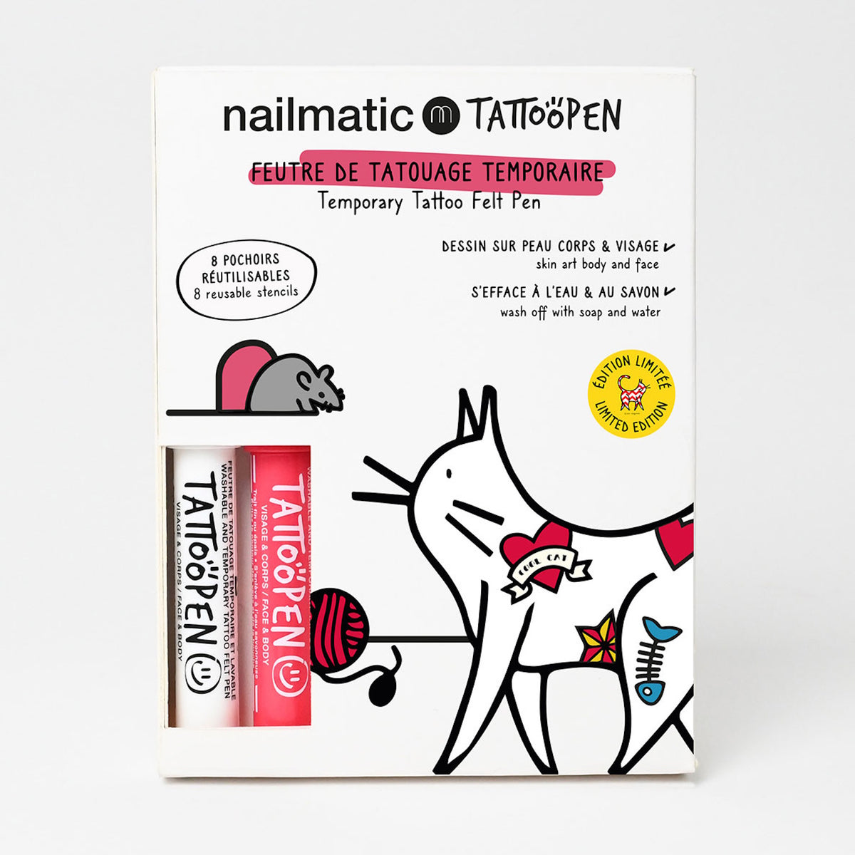 Box of "Tattoopen" temporary tattoo pens. Features playful cat illustration with tattoos, a gray mouse, and text in French and English. Cheerful tone.
