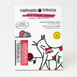 Box of "Tattoopen" temporary tattoo pens. Features playful cat illustration with tattoos, a gray mouse, and text in French and English. Cheerful tone.