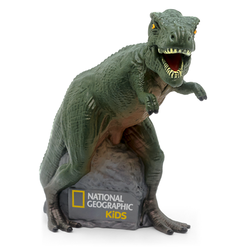 A colorful dinosaur toy, resembling a T-rex, stands on a stone with a National Geographic Kids logo, showcasing its playful design.