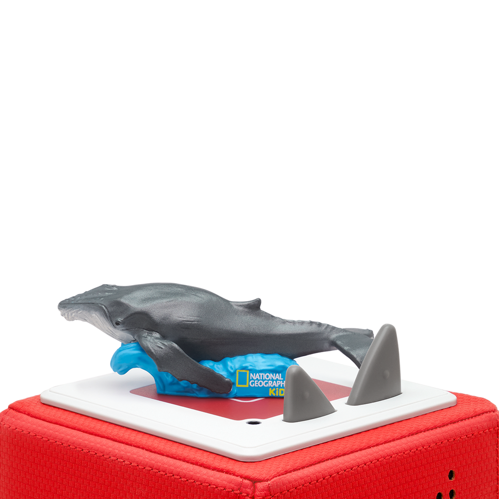 A black whale figurine swimming on a blue wave base, featuring the National Geographic Kids logo.