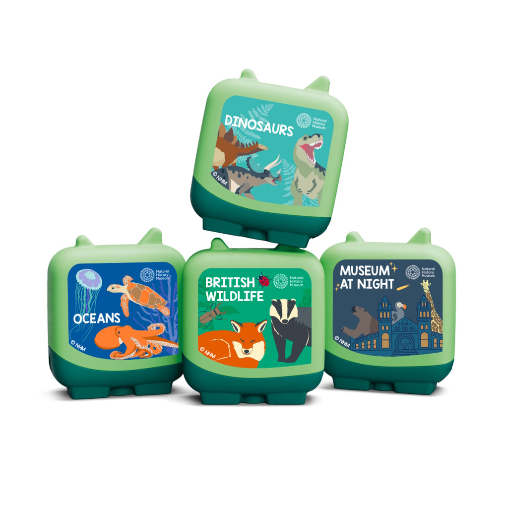 Four colorful educational boxes from the Natural History Museum feature topics: Dinosaurs, Oceans, British Wildlife, and Museum at Night.