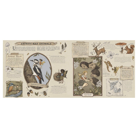 Illustrated guide showing fairies interacting with animals in a whimsical forest. Features woodpeckers, hedgehogs, and squirrels with playful fairies.