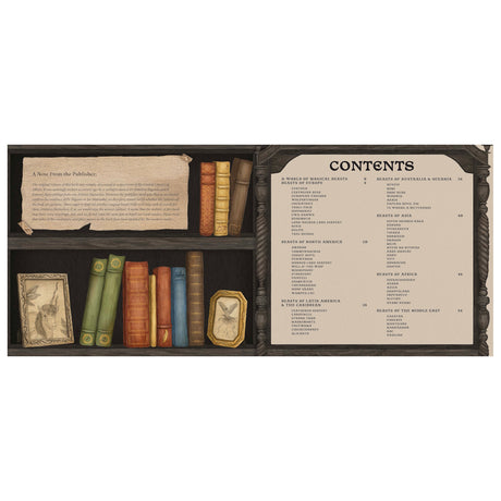 Table of contents page for a magical beast book featuring a bookshelf with vintage books and framed illustrations.