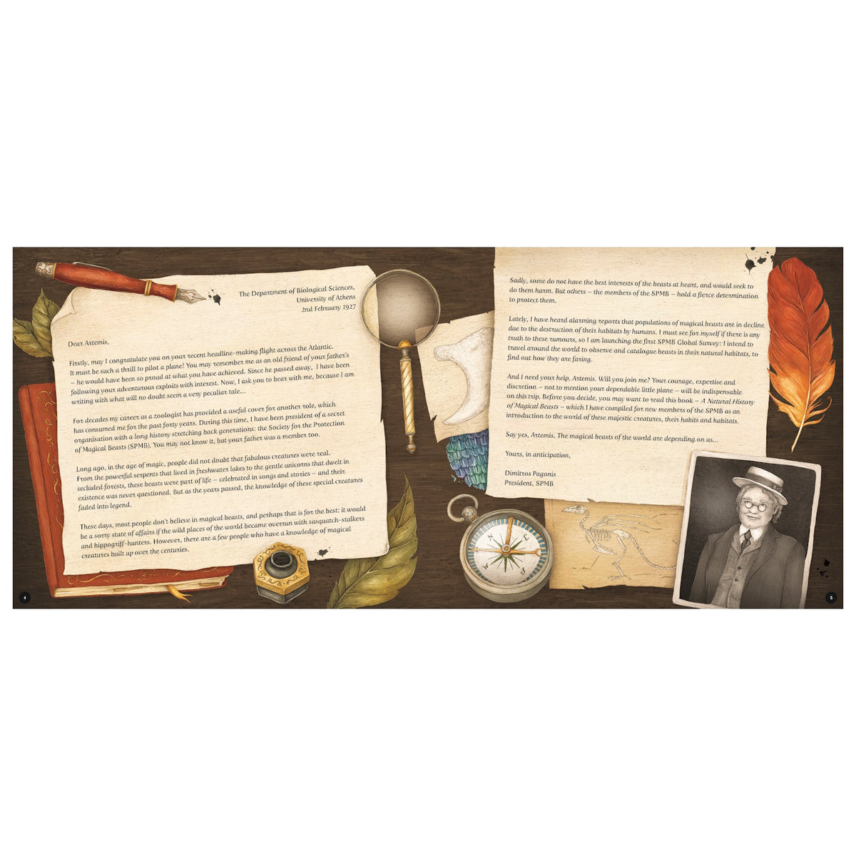 Open book pages with vintage letters, a magnifying glass, compass, and an old photograph of a man in a hat.