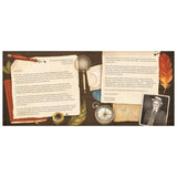 Open book pages with vintage letters, a magnifying glass, compass, and an old photograph of a man in a hat.