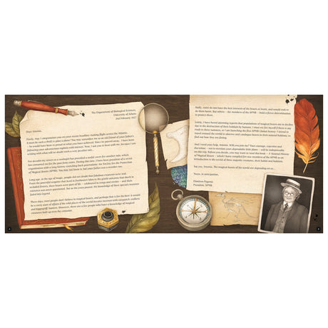 Open book pages with vintage letters, a magnifying glass, compass, and an old photograph of a man in a hat.