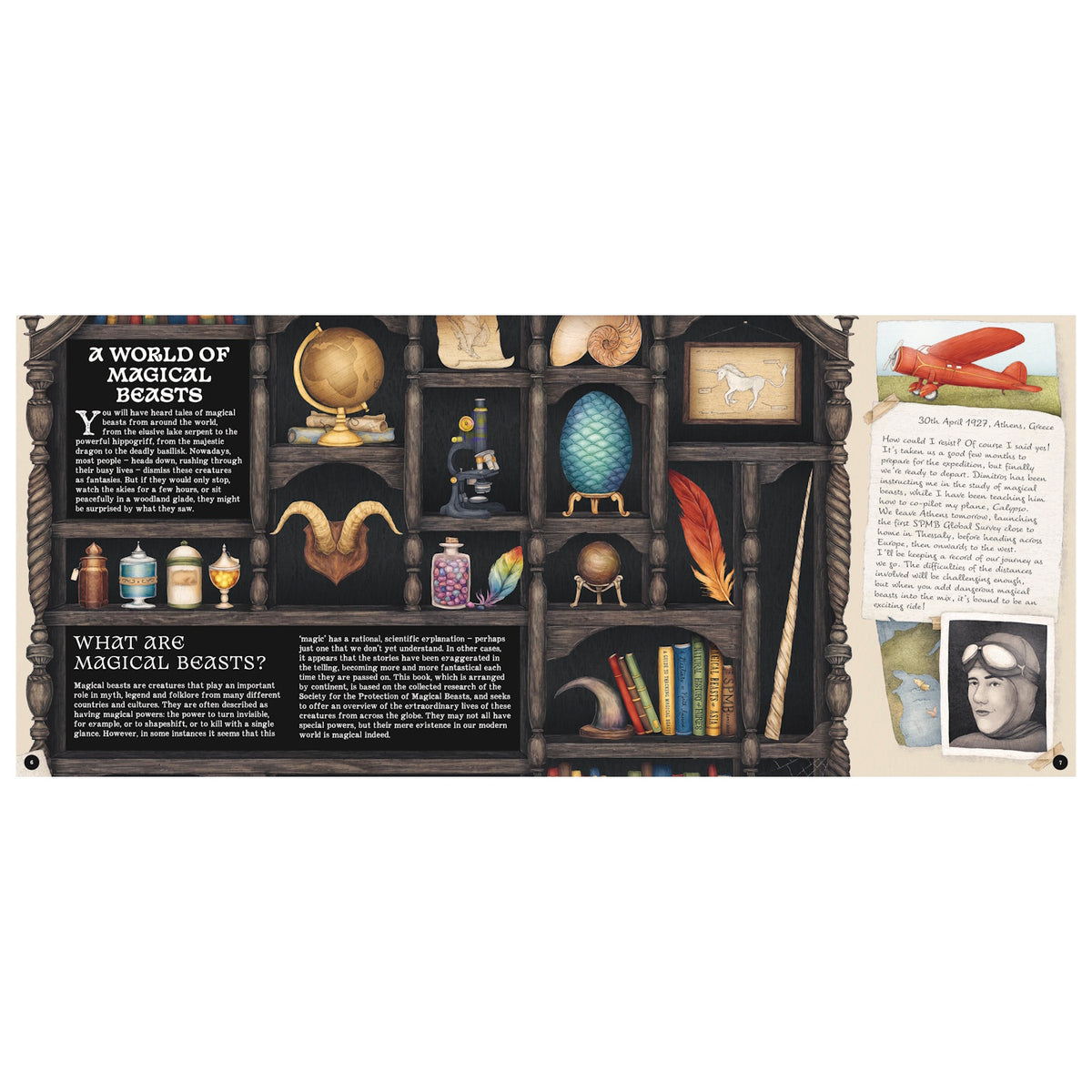 Illustration of a cabinet of curiosities with magical artifacts, books, and a pilot's journal entry.