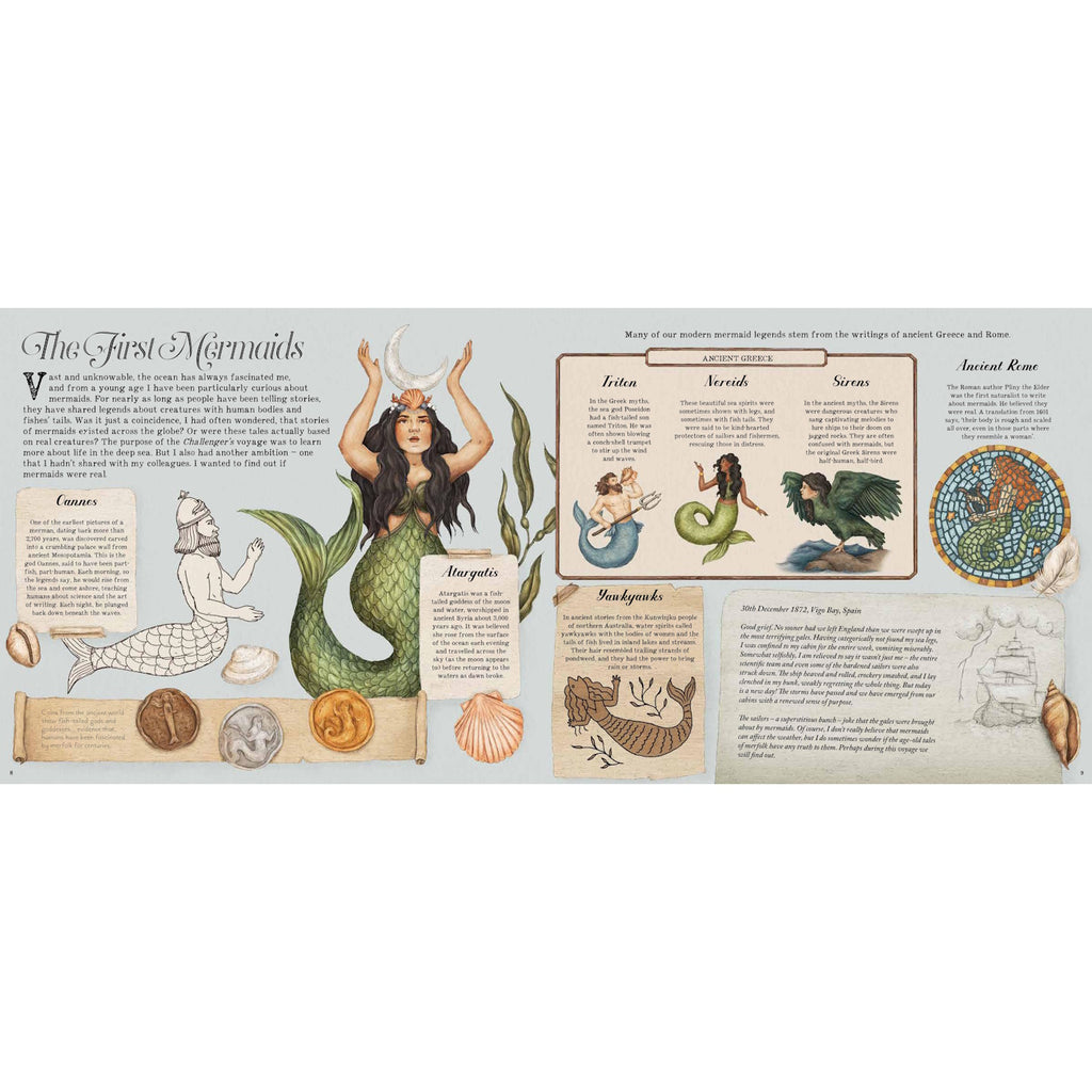 A beautifully illustrated, fictional guide that explores the magical world of mermaids, their habitats, culture, and myths.