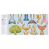 Scientific illustration of ten diverse merfolk tails with various shapes, colors, and textures on a light blue background.