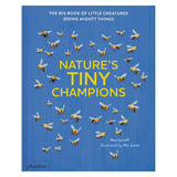 Book cover of Nature's Tiny Champions by Ben Lerwill, featuring yellow bees flying on a blue textured background.