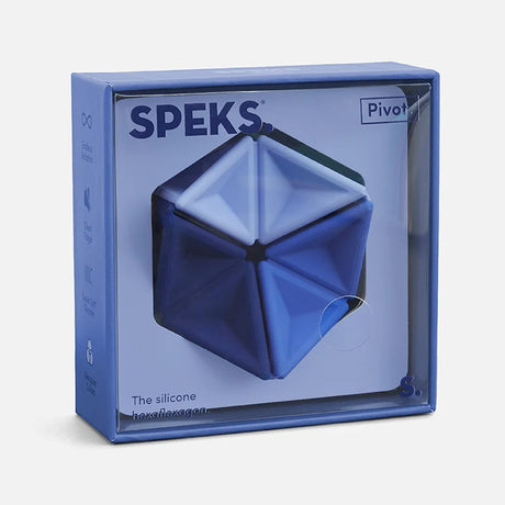Speks Pivot silicone hexaflexagon fidget toy packaged in a blue display box.