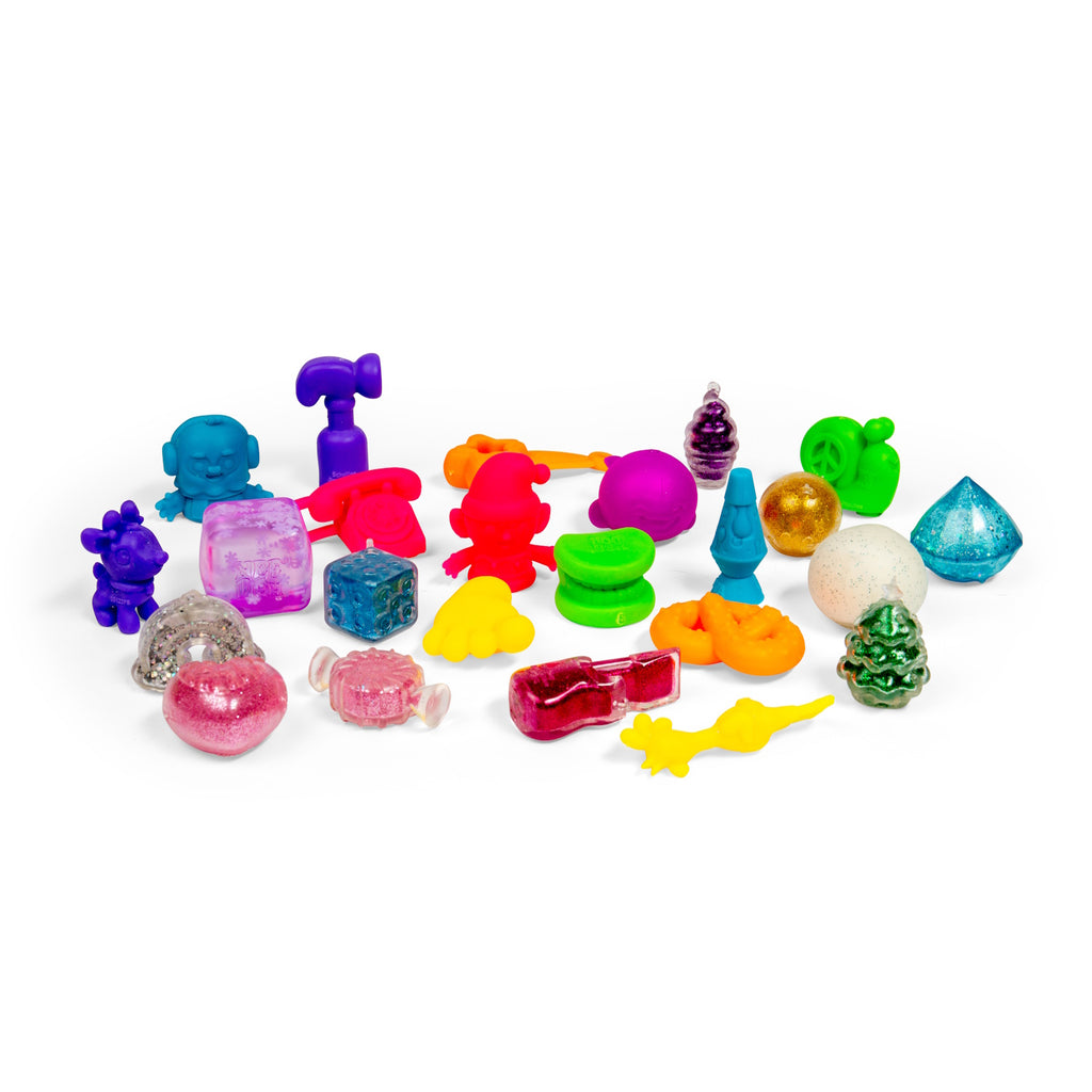 Vibrant collection of colorful, translucent small toys and shapes, including animals, fruits, and geometric figures, against a white background. Playful tone.