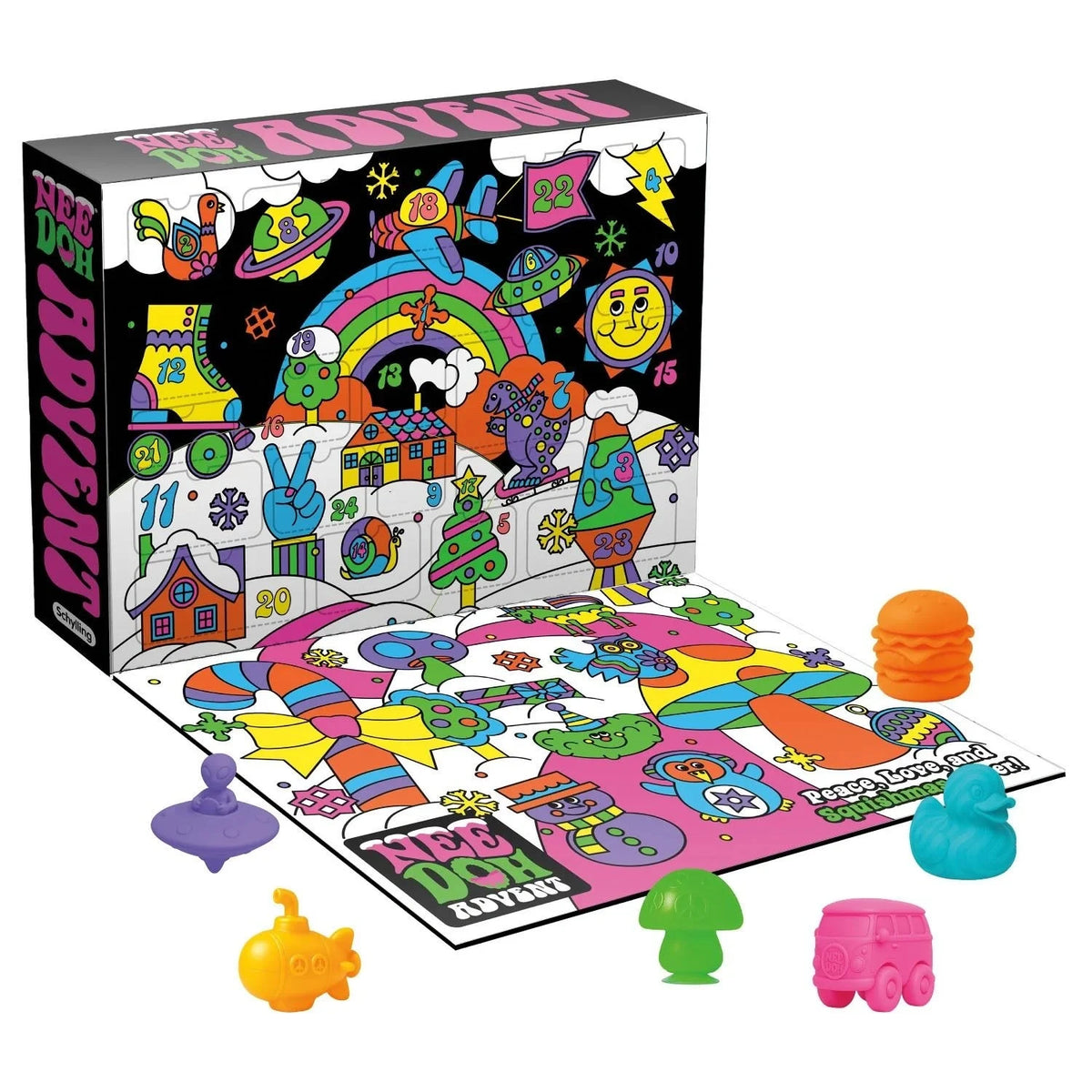 NeeDoh Advent Calendar by Schylling with colorful 24-day countdown box and variety of squishy fidget toy surprises.