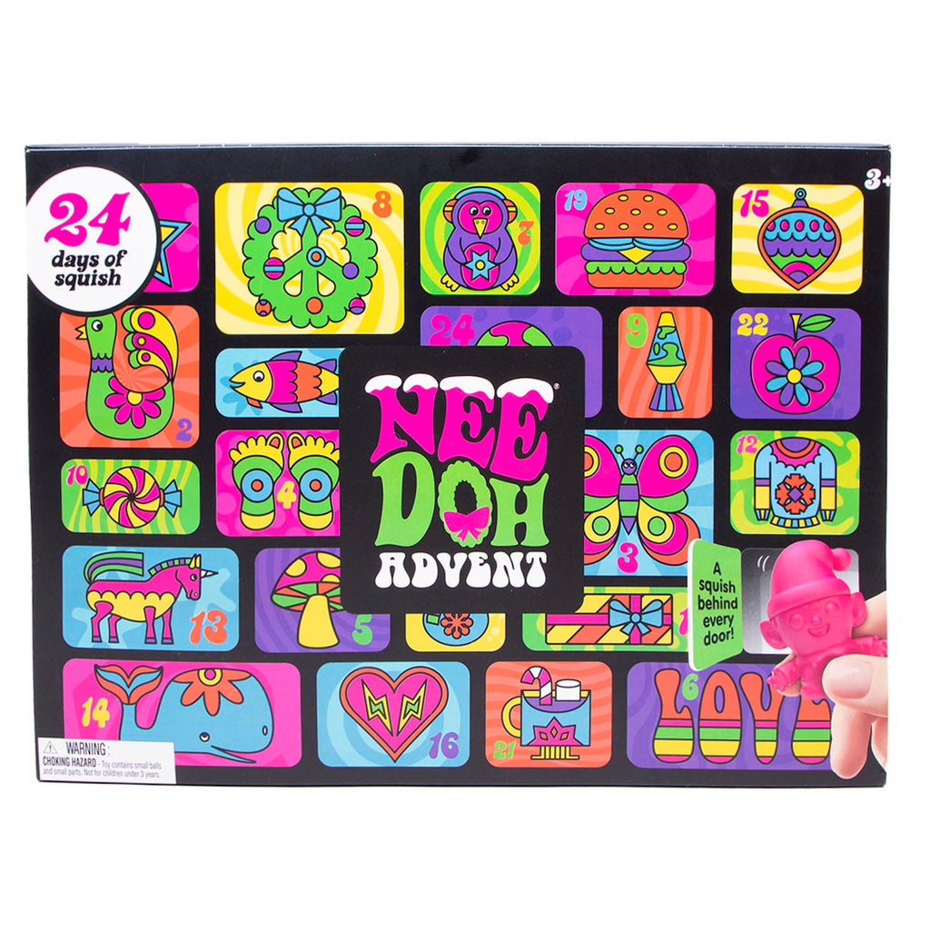 Colorful advent calendar with 24 vibrant, whimsical icons including animals, shapes, and objects. Text reads "Nee Doh Advent" and "24 days of squish."