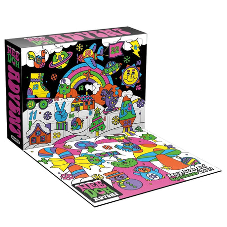 Schylling NeeDoh Advent Calendar with 24 days of groovy sensory fidget toys in a colorful retro psychedelic holiday box.